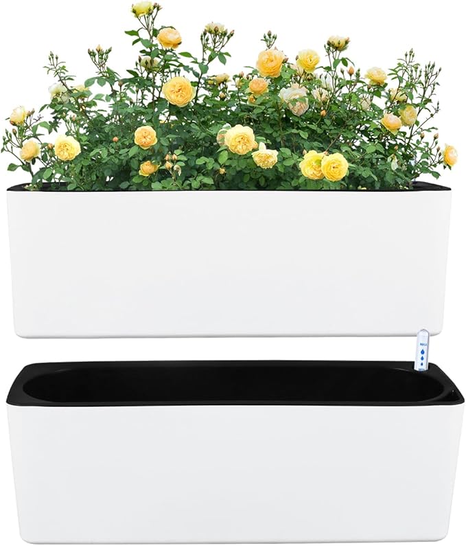2 Pack Rectangular Planter 15.6 x 5.4 in Self Watering Planter Window Sill Planters Indoor Rectangle Plant Pot Self Watering Pots Plastic Plant pots with Drainage Holes Black Flower Pot