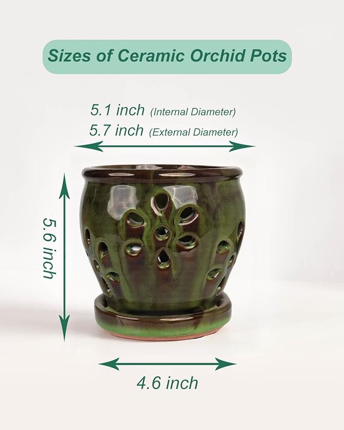 vensovo 5 Inch Ceramic Orchid Pots with Holes and Saucers - 1 Pcs Small Succulent Pot for Repotting, Garden Flowerpots for Plants Indoor and Outdoor Promotes Air Circulation, Green Mixed Brown