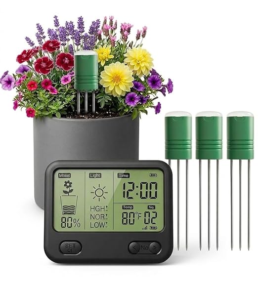 VODESON Soil Moisture Meter for Plants, Multi-Zone Wireless Soil Test Kit & Soil Thermometer, TDR4-in-1 Plant Water Meter, 230ft RF, IPX5 Waterproof, Indoor Outdoor Garden Lawn Farm(Display+4 Sensor)