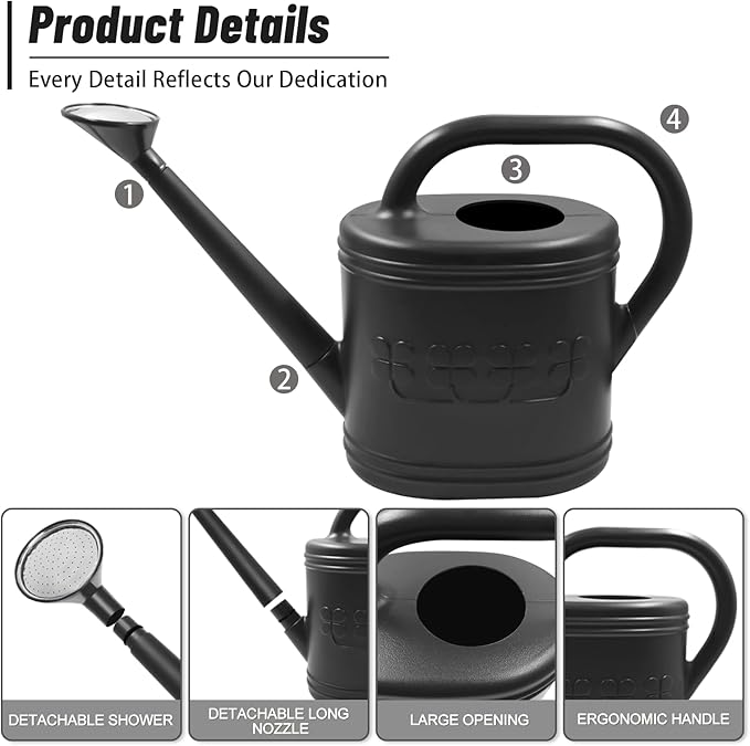 2 Gallon Watering Can, Outdoor Watering Can for Plants, Garden Water Can with Removable Long Spout and Stainless Steel Sprinkler Head, Large Water Can for Greenhouse (Black, 2 Gallon)