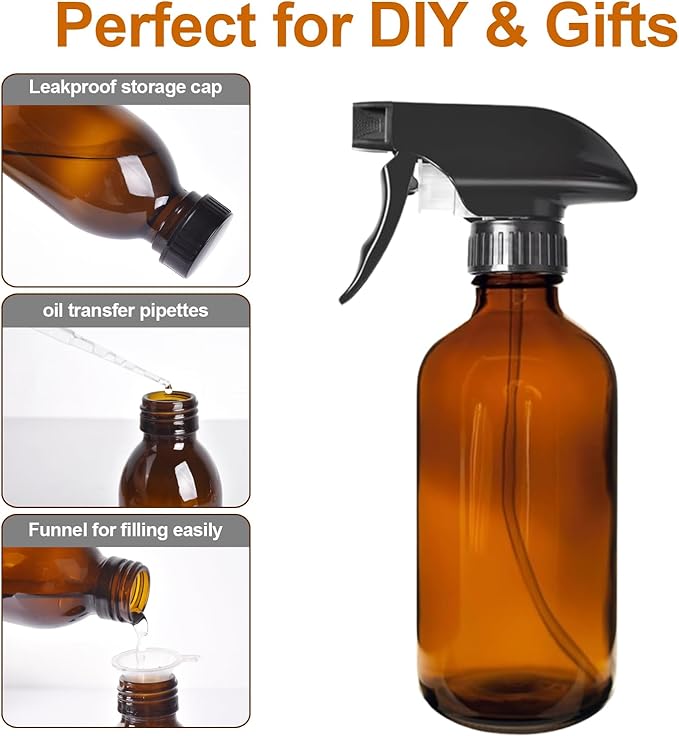 LANBEAUTIFY 8oz Amber Glass Spray Bottles - 2 Pack Empty Refillable Bottles for Cleaning, Hair Care, Essential Oils, Plants - Includes Durable Nozzle, Labels, Funnel & Dropper, Handheld Size