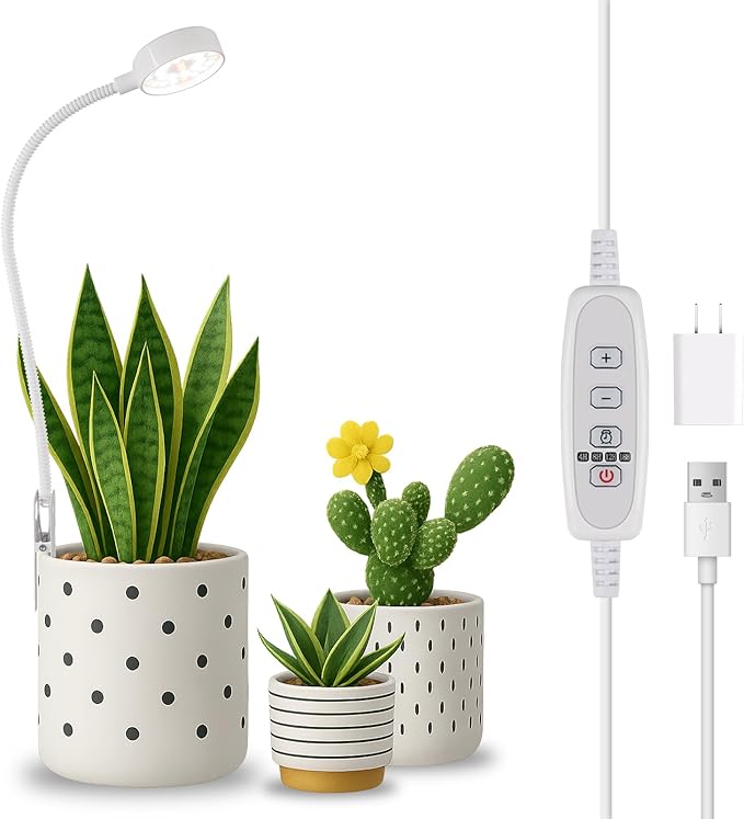 Grow Light, Pot Clip LED Growing Lamp for Indoor Succulents Pot Mini Small Plants,6000K White Full Spectrum with 5-Level Dimmable, Auto Timer 4/8/12/18 Hrs