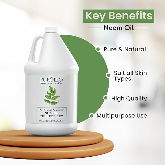 PUROLEO NEEM Oil 64 Fl Oz/1900 ML (Packed in Canada) 100% Pure and Natural Neem Oil for Multipurpose Use | Neem Oil extracted from NEEM Plante Chemical Free Neem Oil Spray