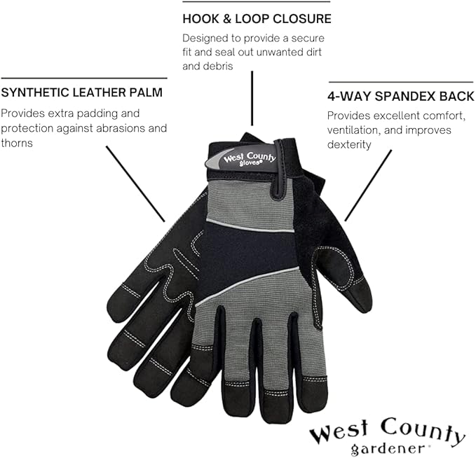 West Chester Protective Gear 013C/XXL Men's West County Gardener Gloves – 3X-Large, Charcoal, Work Gloves with Four-Way Spandex Backing, Adjustable Cuff