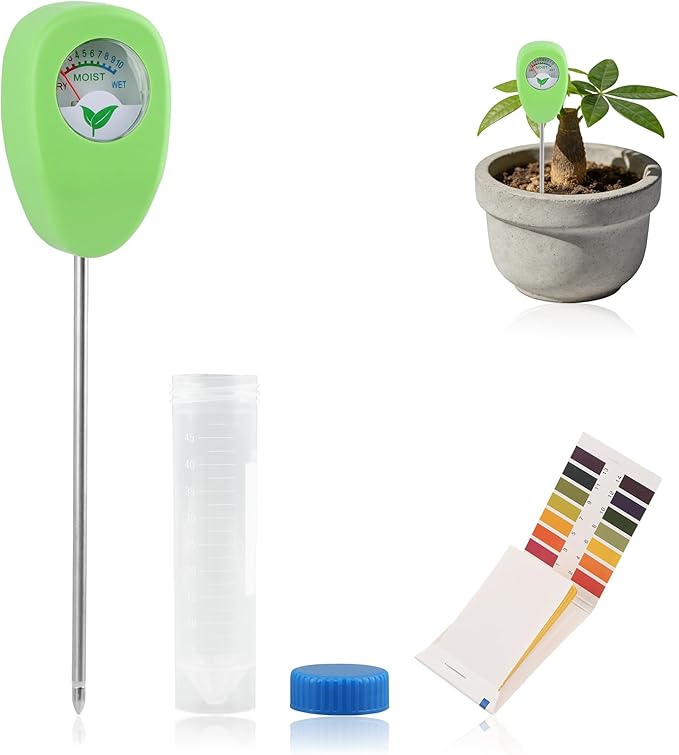 Soil Moisture Meter with Bonus 25 pH Test Strips, 6.5 Inch Probe Plant Water Gauge, Indoor Outdoor Garden, No Battery Required