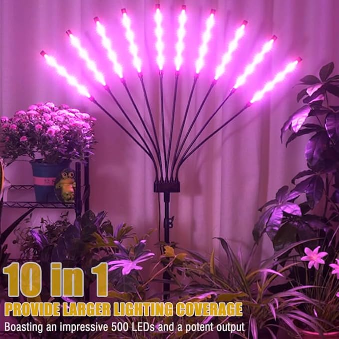 Grow Lights for Indoor Plants [ 10 in1 ] 500 LEDs, Full Spectrum Grow Light for Indoor Growing with Tripod Stand, Auto On/Off Timing 4/8/12H, Plant Grow Lights Indoor.
