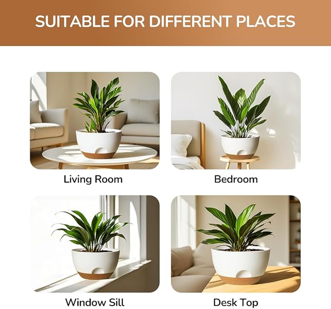 12 Inch Large Self Watering Pots, 2 Pack Plant Pots with Drainage Holes and Saucers, Self Watering Planter for Indoor Outdoor Garden Plants and Flowers (White)