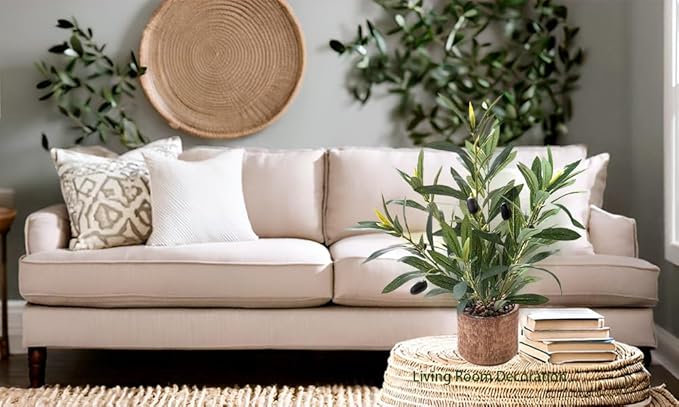 Indoor Fake Olive Plant 12 inch Faux Silk Leaves with Black Rustic Planter Medium Size Perfect Artificial Olive Fruits with Realistic Trunk and Lifelike Stems for Home and Office Decor