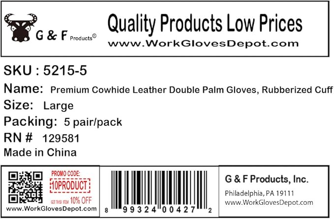 G & F Products G & F 5215L-5 Premium Suede Double Palm & Index Finger Work Gloves with 2 & 1/2 Rubberized Safety Cuff, 5 Pair Pack, Large, Grey