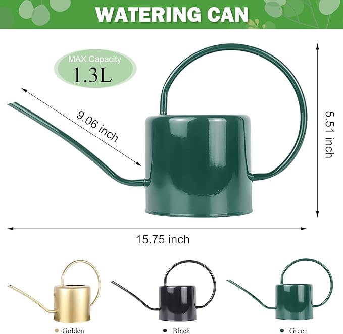 Indoor Watering Can for Houseplants - Long Spout Metal Watering Can for Indoor Plants,Succulents or Outdoor Garden Flower, 1.3L / 40 oz Green