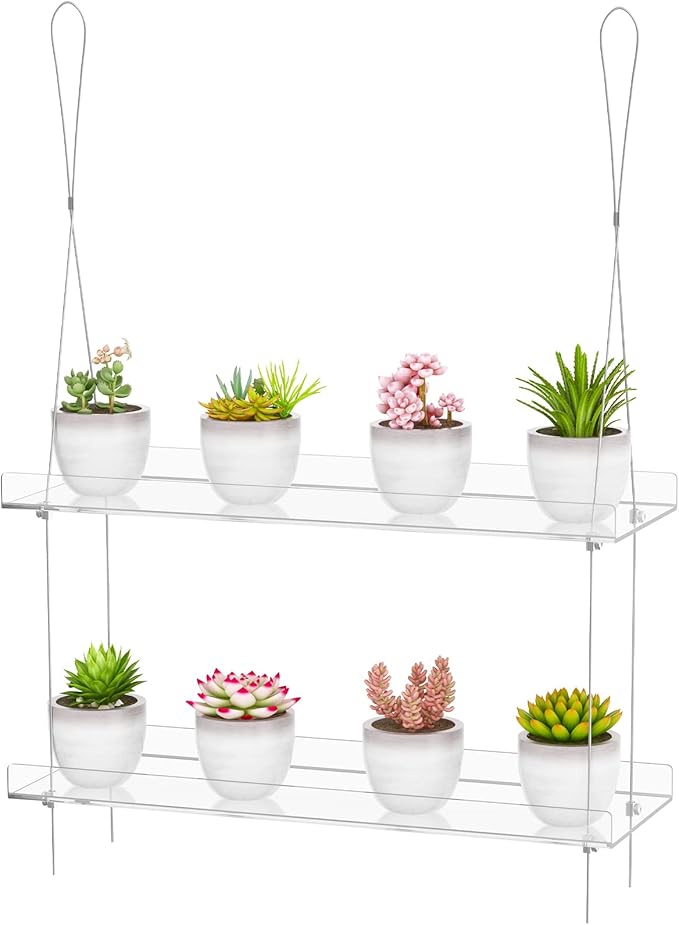 OtNiap 2-Tier Clear Hanging Window Plant Shelves 16inch,Indoor Windows Wall Hanging Plant Stand Flower Display,Flower Pot Organizer Storage for Window Grow Herbs,Microgreens,Succulents,Flower