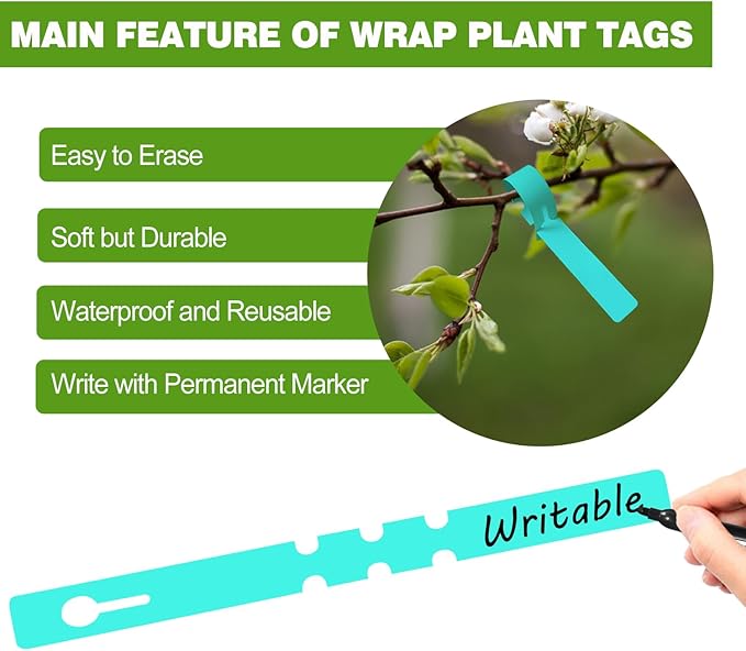 Plant Labels 200Pcs Yuanling Plastic Plant Tree Tags Wrap Around Hanging Tags Nursery Tree Markers Adjustable Garden Labels for Indoor Outdoor Gardening Plants (Teal)