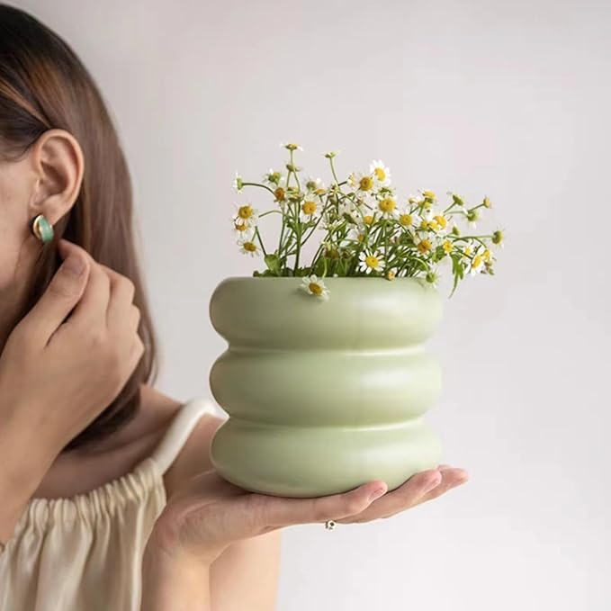 Ceramic Plant Pot Indoor, 4.5 Inch Flower Pot with Drainage Hole, Small Bubble Design Ceramic Planter for Home & Office Decor (Green)