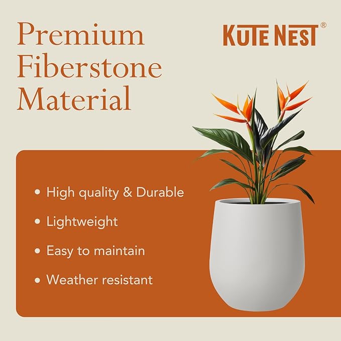 KUTE NEST 21" H x 19" D Premium Corso Fiberstone Round Tapered Planter with Drainage Hole, Smooth Finishes, Weather Resistant, Included 2 Extra Coco Mats (Light French Gray, 15" Pot Opening)