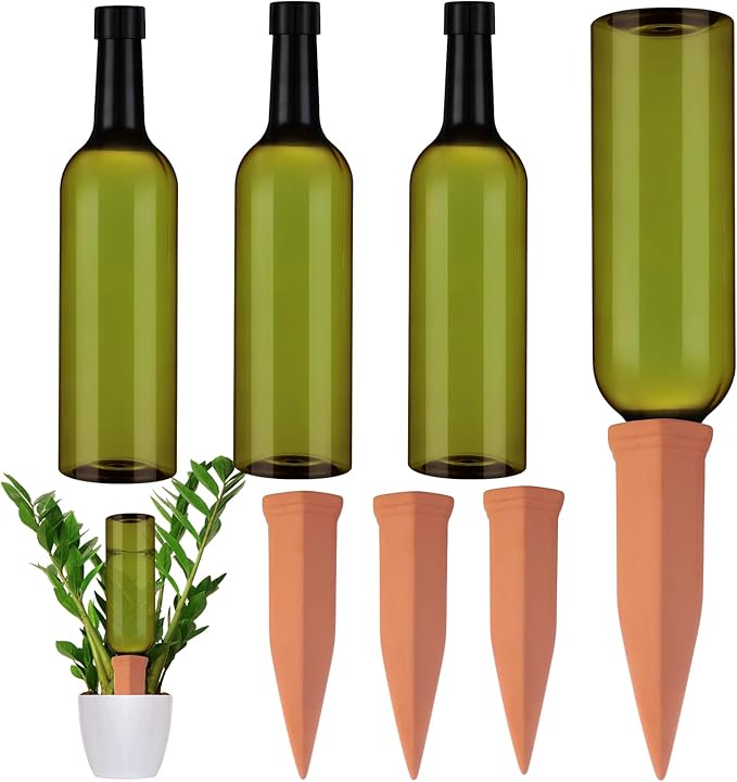 SiliFine 3 Sets Plant Watering Devices Include Terracotta Self Watering Spikes and 26 oz Plastic Bottles, Slow Release Vacation Insert Automatic Plant Waterer Device (Dark Green and Terracotta)