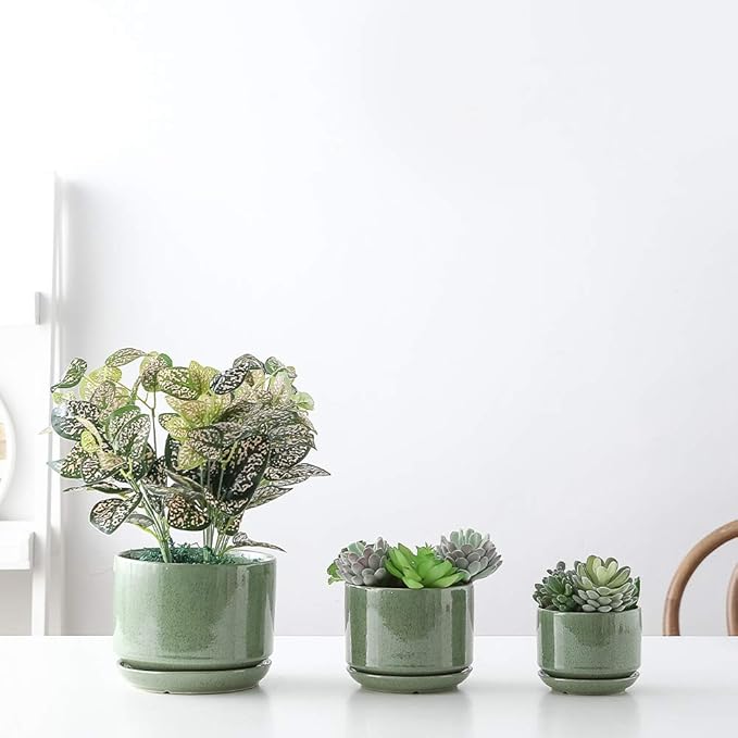 Yishang Succulent Plant Pots,6.7+5.3+4.1 in Glazed Ceramic Planters with Connected Saucers, Round Modern Ceramic Flower pots - Small to Large Sized Plant pots for All House Plants
