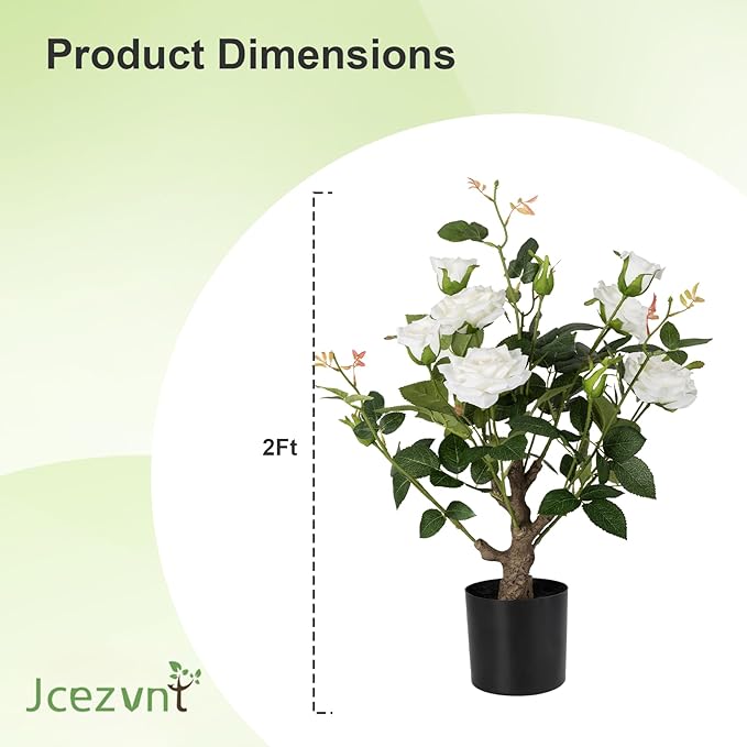 24’’ Artificial Rose Tree, 2 Pack Faux Rose Plants with White Flowers and Green Leaves, 2FT Silk Potted Tree for Indoor Outdoor Home Office Porch Garden Decor, White