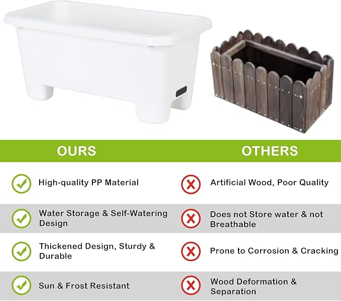 Oliz Self-Watering Rectangle Planter Boxes 8-Pack, 15.7-Inch Window Box Planter with Drainage Holes & Trays, Pots for Vegetables, Herbs, Flowers, Garden Windowsill Balcony (White)