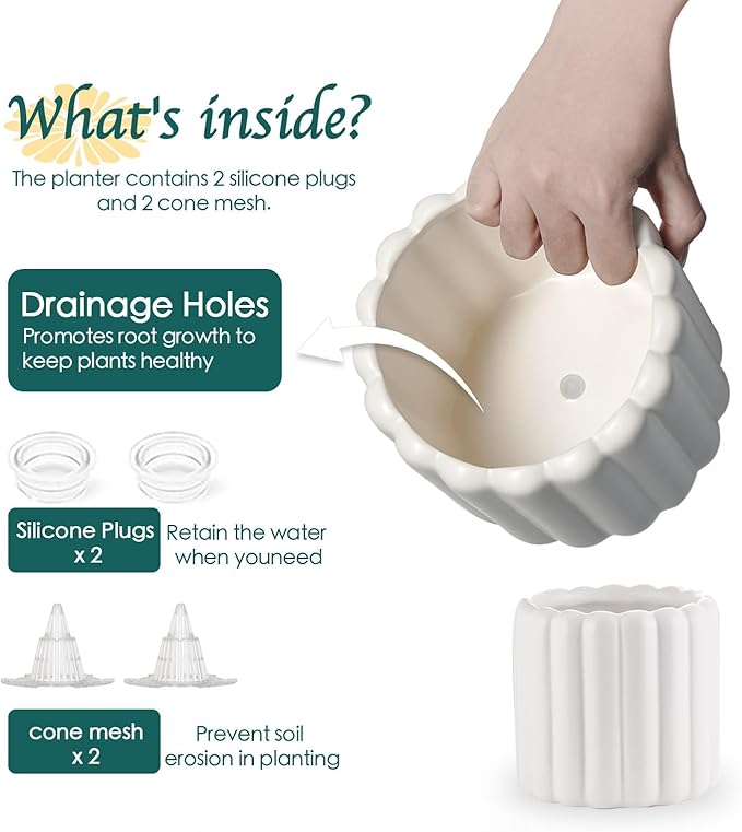 Ceramic Plant Pots,6 inch+4.7 Inch Planter Pot with Drainage Holes,Ceramic Planters for Indoor Plants,Modern Flower Pots for Indoor Outdoor Plants House & Office Décor,Cream White