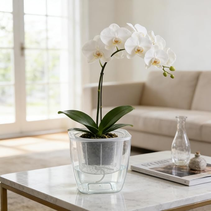 3-Pack Clear Self Watering Planters for Indoor Plants 7" Large African Violet Plant Pots Plastic Wick Flower Pots with Water Injection Hole, Orchid Plant Pot Set, Clear