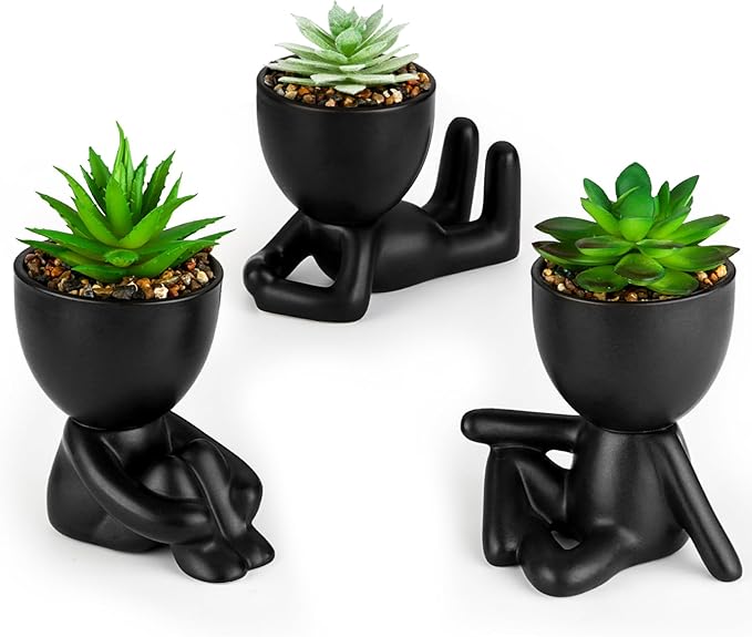 3 Pcs Succulent Artificial Plants Indoor Fake Plants for Office Desk Bathroom Bedroom Room Aesthetic Decor Accessories with Cute Creative Humanoid Ceramic Planter