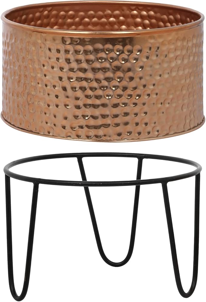 MyGift Modern Hammered Copper Tone Planter Pot, 8 and 10 Inch Metal Round Plant Container with Matte Black Wire Stand, Set of 2 - Handcrafted in India