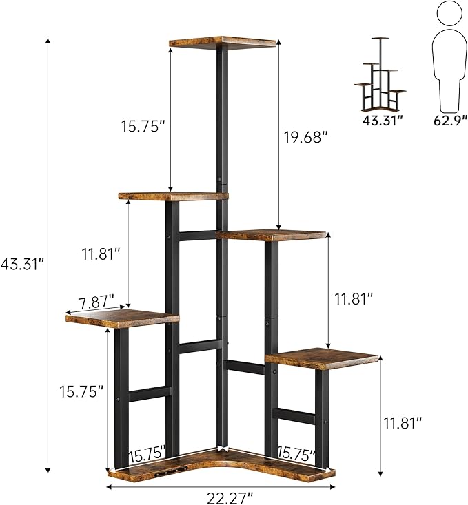 Yzosvki Corner Plant Stand Indoor with Grow Lights, 6 Tiered Corner Plant Shelf Flower Stand for Multiple Plants, Plant Shelves Organizer Rack for Living Room, Balcony, Patio, Square Rustic Brown