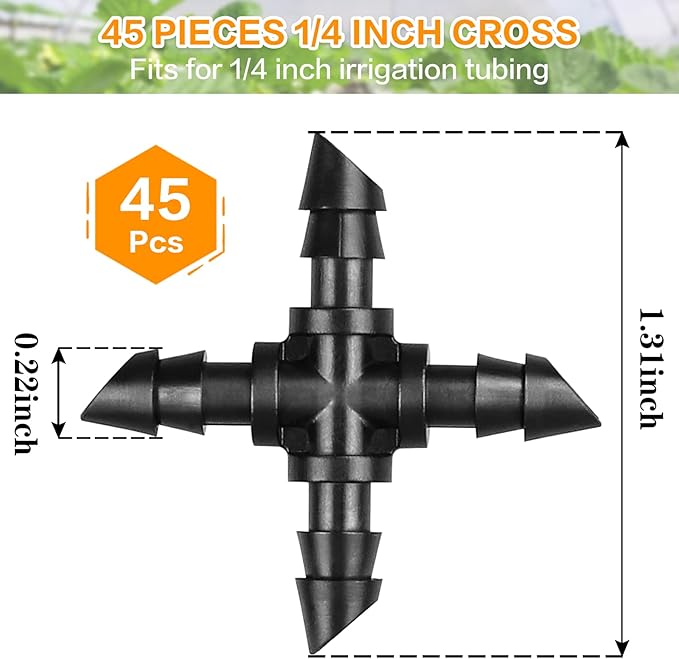 Gardrip Drip Irrigation Cross Fittings: 45 Pieces Barbed 4-Way Cross Irrigation Parts with Sharp End Fits for 1/4 Inch Drip Tubing Line Tee Connectors for Garden Lawn
