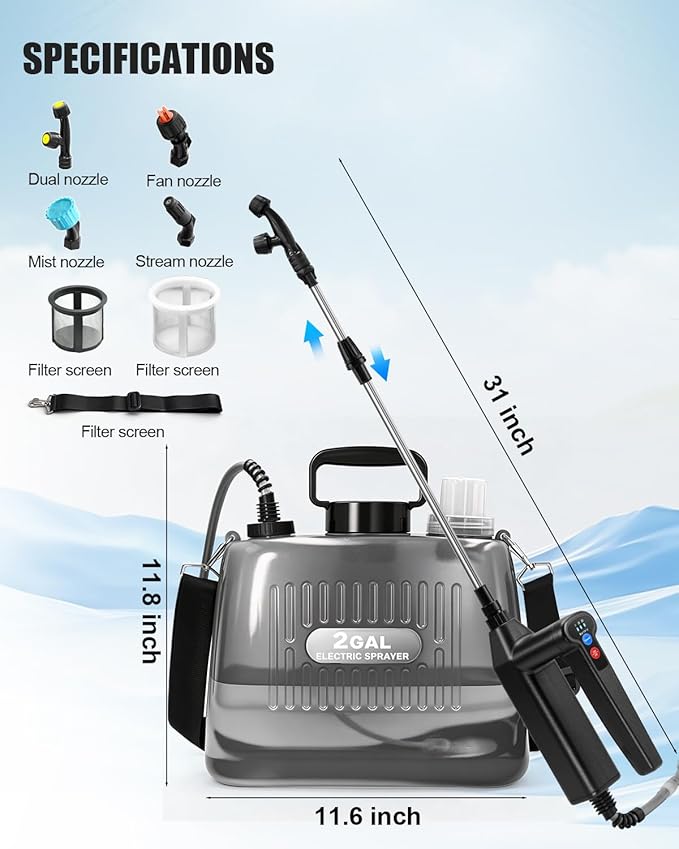 Battery Powered Sprayer 2 Gallon, Electric Weed Sprayer with 3 Adjustable Pressure Levels, 4 Nozzles & Extendable Wand, Rechargeable Garden Sprayer for Yard, Lawn, Plants & Fertilizer