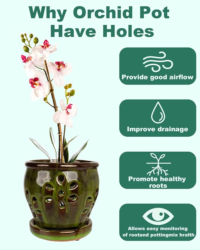 vensovo 5 Inch Ceramic Orchid Pots with Holes and Saucers - 1 Pcs Small Succulent Pot for Repotting, Garden Flowerpots for Plants Indoor and Outdoor Promotes Air Circulation, Green Mixed Brown