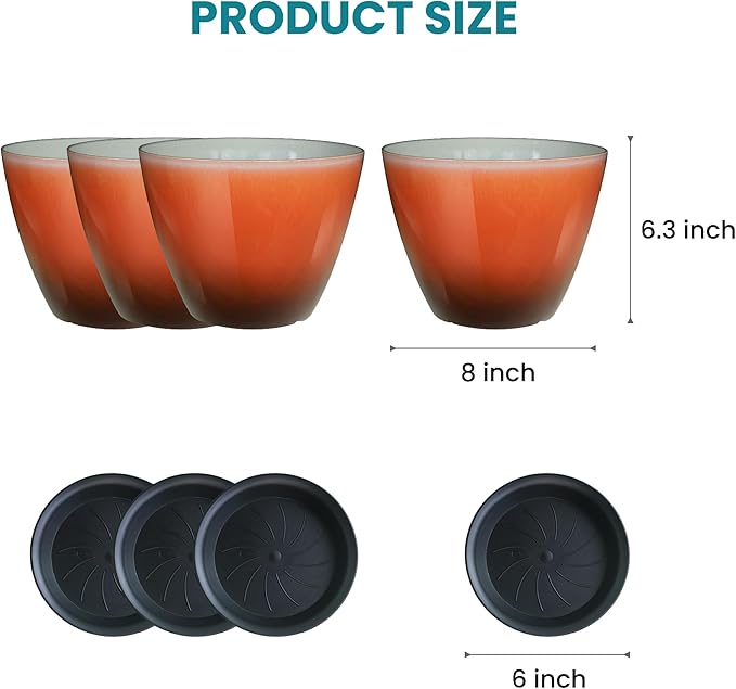 Vanslogreen Plant Pots for Indoor Outdoor Plants, Pack of 4 Plastic Flower Pots with Drainage Holes and Saucers, 8 Inch Glazed Planters for Indoor Plants Office Home Decor (Orange, 4pcs)