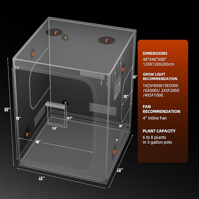 Spider Farmer 4x4 Grow Tent 2025 New, 48"x48"x80", with Hook for Controller and Power Strip, Enlarged View Window, 1680D Thicken Mylar Canvas for Indoor Hydroponic Growing for SF4000, SE5000, G5000