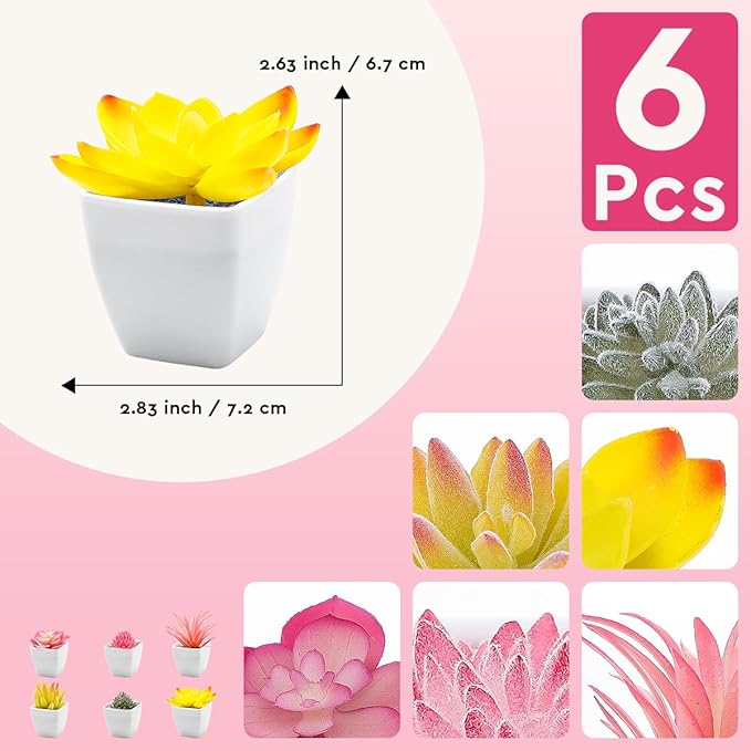 6 Pcs Pink Artificial Succulent Plants in Black Pots, Small Fake Succulents for Pink Room Decor Bathroom Decor Office Desk, Lifelike Faux Plants with Minimalist Modern Aesthetic