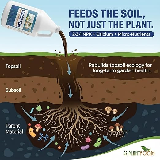 GS Plant Foods Liquid Fish Fertilizer - Organic Material Review Institute Listed (55 Gallons) – Natural Hydrolyzed Fish Fertilizer for Gardens, Lawns & Container Growing