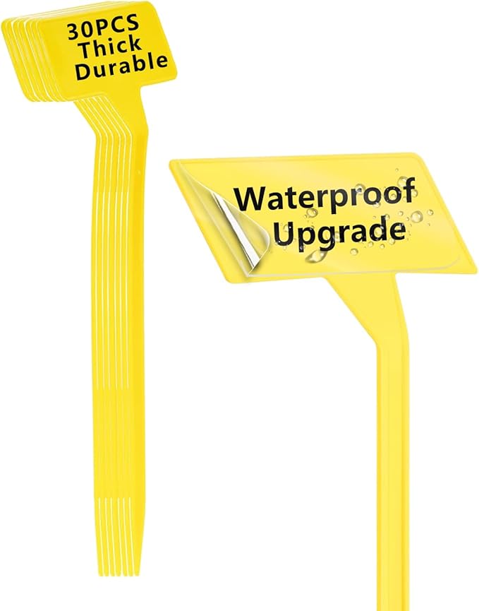DaTpuik Yellow 30 Pack Outdoor Tall Plant Label, Large Waterproof Plastic Plant T-Type Tags, Durable Nursery Garden Markers, Perfect for Herbs, Flowers, Vegetable with Marking Pen (Height 11.8'')