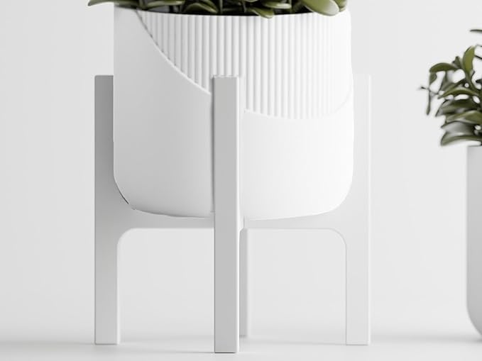 Modern Geometric Planter with Stand – Decorative Indoor Plant Pot with Ridged Top & Smooth Bottom, Stylish Planter for Succulents, Herbs, Small Plants (White - Smooth Body with Ridges and Stand)