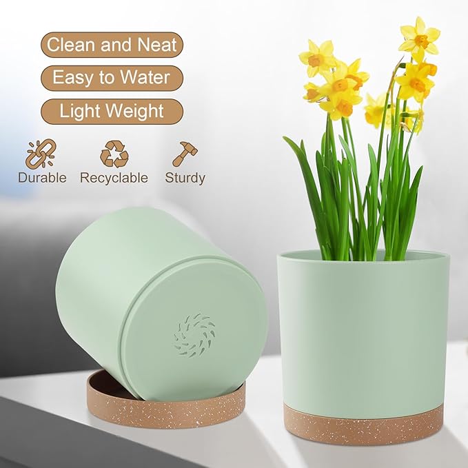 YNNICO Plant Pots with Drainage Holes and Saucers – 7, 6.5, 6, 5, 4 Inch Plastic Planters for Indoor Outdoor Plants, Modern Matte Finish, Lightweight & Durable（Green）