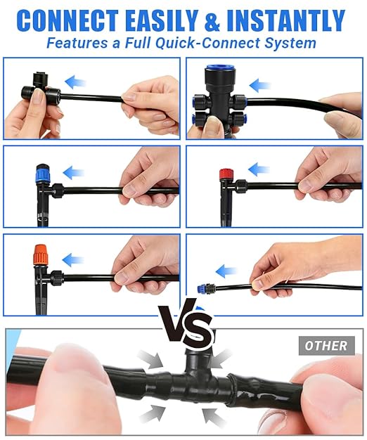 Fast-Lock Drip Irrigation System Kit for Garden Watering with 40 Adjustable Nozzles, All Quick Connect Easy-Connect Irrigation Kit with 1/2" & 1/4" Tubing, for Greenhouse, Lawn, Pots (40FT + 197FT)