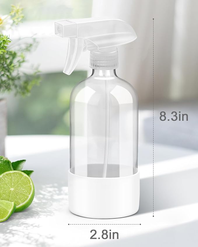 Rionisor Glass Spray Bottles with Silicone Sleeve Protection, Empty 16OZ Reusable Spray Bottles, Refillable Containers with Spray Nozzles for Cleaning Solutions, Plants and Essential Oils 1 Pack White