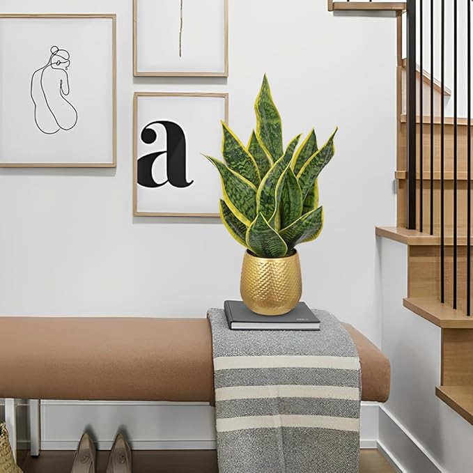 DILATATA Artificial Snake Plant in Gold Pot, 18” Faux Sansevieria Potted Plant for Home Office Decor, Fake Snake Plants Laurentii Indoor Modern Tabletop Decor Faux Mother in Law Tongue