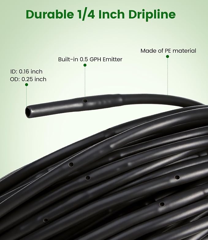 132FT Drip Irrigation Tubing Kit with 1/2 inch PVC Tubing, 1/4 inch Dripline, and Irrigation Parts for Garden, Raised Beds, and Greenhouse Watering