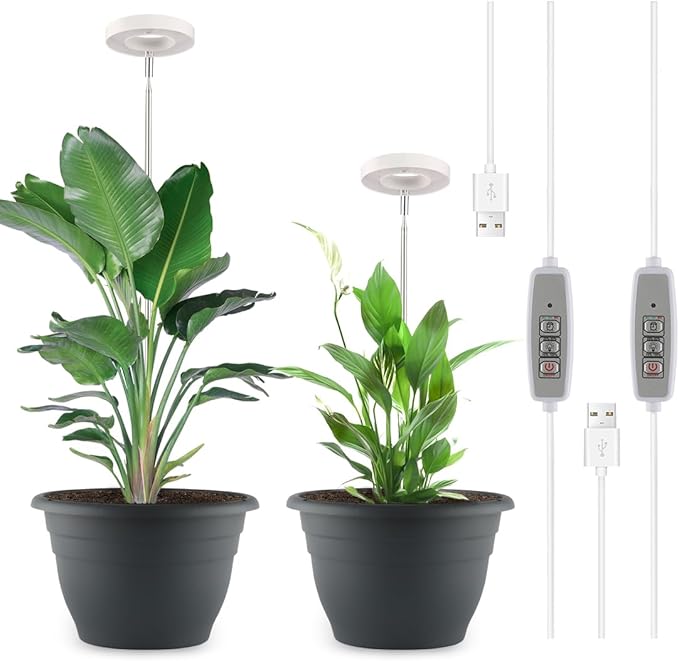 RooTrimmer 2 Pack 11 Inch Plant Pots with LED Grow Lights,Indoor Flower Pots with Full Spectrum Dimmable Lights,Drainage Holes & Plug,Soil Moisture Meter Included,Modern Planters for Home Office