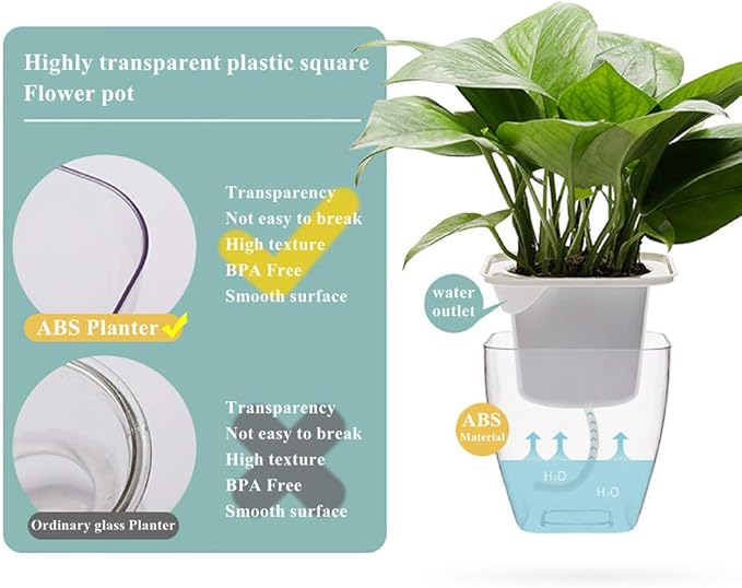 FENGZHITAO Self-Watering Planter, Clear Plastic Automatic-Watering Planter Flower Pot Square-Plant-Pot for All Plants, Succulents, Herb, African Violets, Flowers (Clear L)