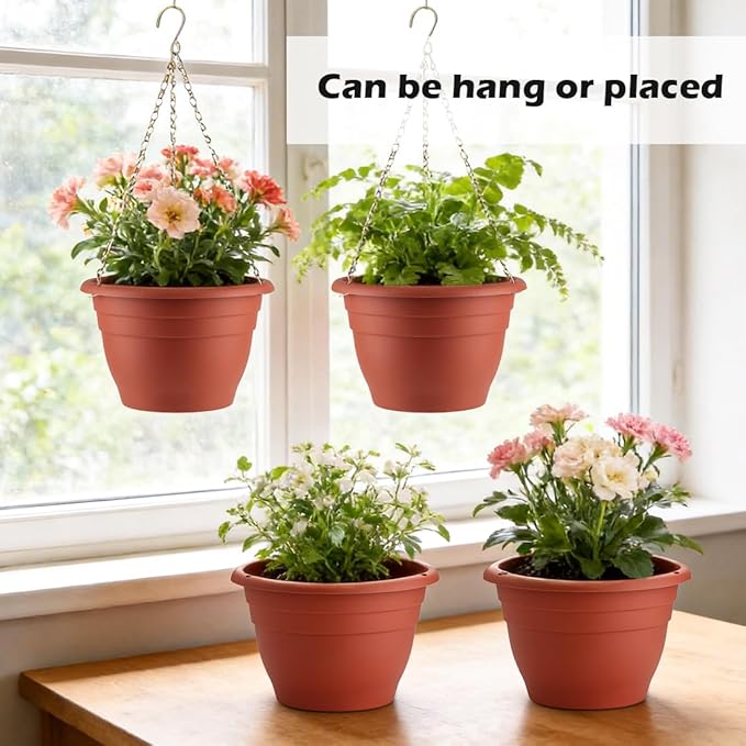 RooTrimmer Hanging Planters 10 Inch, 4 Pcs Flower Pots with Drainage Hole, Self Watering Hanging Basket for Indoor Outdoor Plants, Decor, Pottery Red