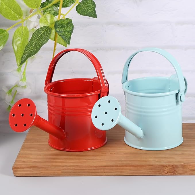 Watering Can Small Watering Can, Metal for Outdoor Plants, Iron Mini for Garden Yarde Home Plants Flower (Red and Light Blue, 2PCS)