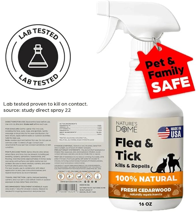 Nature’s Dome Cedarwood Flea & Tick Spray – 16 oz – Kills & Repels Fleas, Ticks, Larvae & Eggs – Plant-Based Pest Control – Safe for Pets, Kids & Plants – Ready-to-Use (16 Oz, Cedarwood)