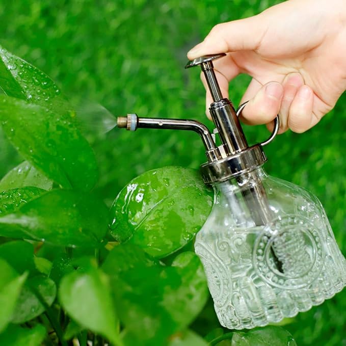 Hniuyun Glass Plant Mister Spray Bottle, 6.4 All Vintage Plant Spritzer Watering Can, Bronze Plastic Top Pump, Plant Mister Glass Watering Garden Tool (Clear)