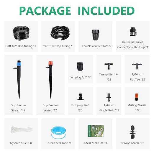 240FT Drip Irrigation System Kit, Drip Irrigation System for Garden with 1/4" Irrigation Tubing DIY Saving Water Automatic Watering System for Greenhouse, Yard, Lawn, Plant