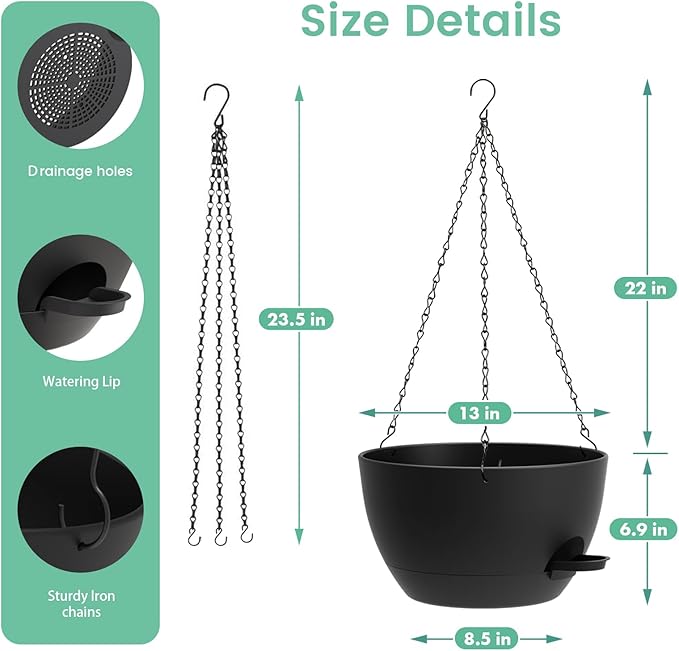 UOUZ 13 Inch 2 Pack Large Self Watering Hanging Planters for Indoor Outdoor Plants, Hanging Plant Pots with Removable 50 Oz Reservoir, Plastic Hanging Basket for Window Porch Garden Balcony, Black