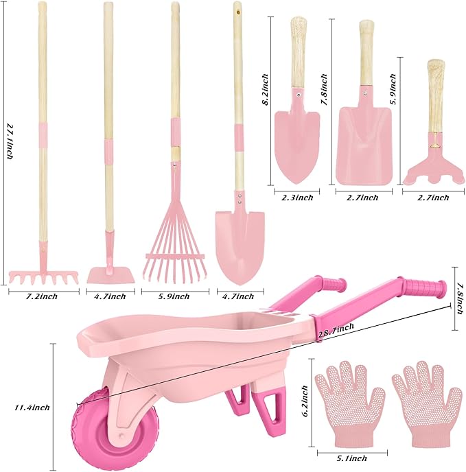 Qtioucp Kids Gardening Set with Wheelbarrow, Real Metal Garden Tools for Kids Ages 3-8, 4 Long Handle Tools, 3 Hand Tool, Gloves, 5 Stickers, Handbook, Outdoor Backyard Toys for Toddler Gift